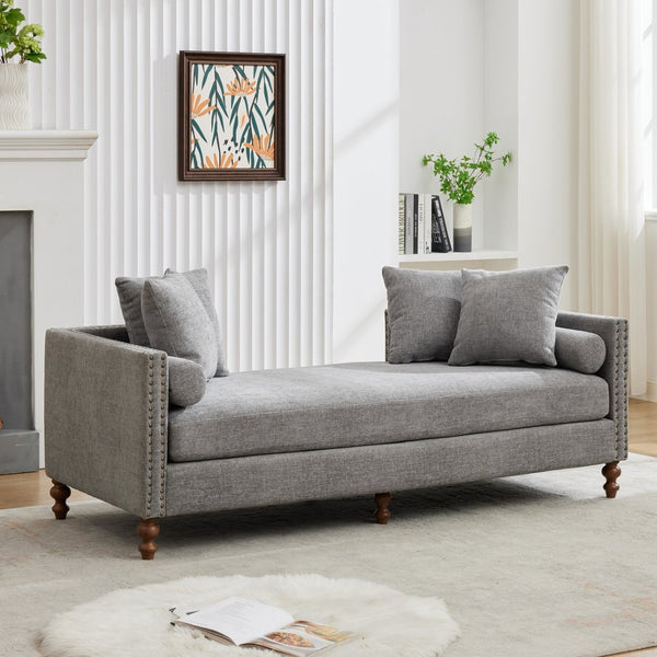 English Elm 75.2'' Chenille Upholstered Daybed Chaise with Nailhead Trim and Rubberwood Legs Gray W3188S00058