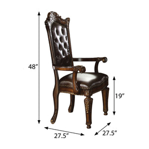 English Elm Espresso Tufted Back Arm Chairs Set of 2 with Cherry Wood Floral Carving, Faux Leather, Nailhead Trim B062P185666