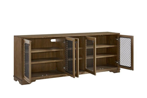 English Elm 84" Hickory Veneer Console with Metal Mesh Doors Transitional Living Room Credenza B2699P443195