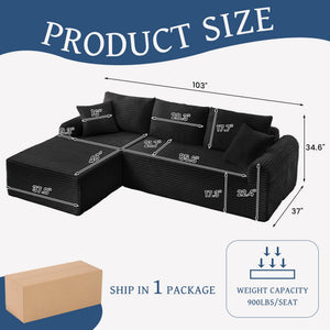 English Elm Full-Compression Modular Chaise Lounge Sofa with Corduroy Upholstery, Arched Arms, Cushions Included Black W2606P323729