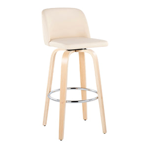English Elm Toriano 30" Contemporary Fixed-Height Swivel Barstool Set of 2 — Faux Leather Upholstery, Chrome Footrest, Mid-Century Wood Legs Cream B202S00703