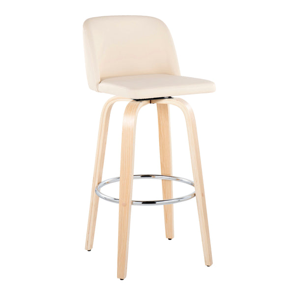 English Elm Toriano 30" Contemporary Fixed-Height Swivel Barstool Set of 2 — Faux Leather Upholstery, Chrome Footrest, Mid-Century Wood Legs Cream B202S00703