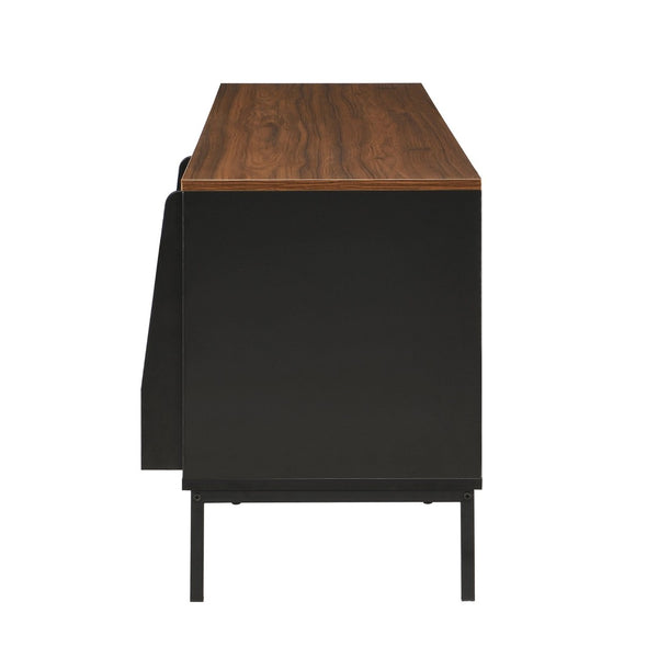 English Elm U-can Mid Century Walnut Media Console with Sliding Doors and Metal Frame for Living Rooms Black N724P360370B