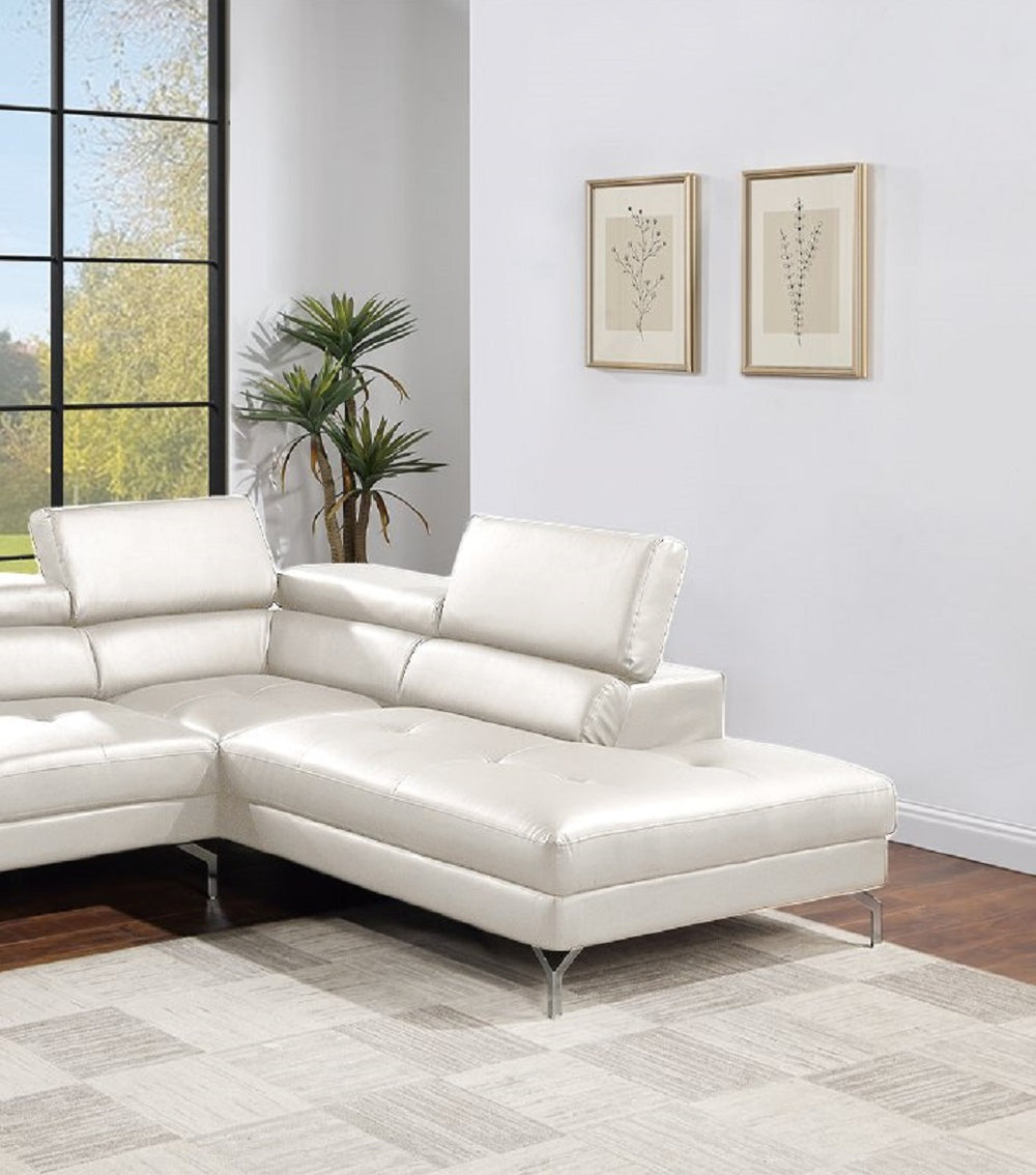 English Elm White Faux Leather 2pc Sectional Sofa Set with Adjustable Headrests, Right Chaise, Metal Legs - Plush Modern Design B011S01201