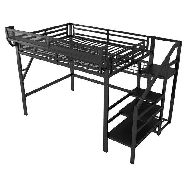 English Elm Queen Metal Loft Bed with Staircase Wardrobe Rgb Lighting Industrial Frame W2580S00067
