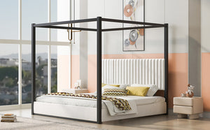 English Elm King Velvet Upholstered Four Poster Canopy Bed White Modern Bedroom Frame N7090002405B