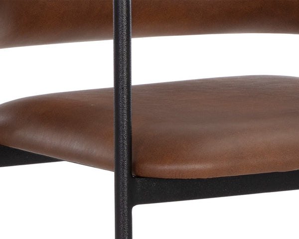 Sunpan Brenan Counter Stool - Elegant Curved Backrest, Unique Faux Leather, Black Metal Frame & Brass Caps Bravo Cognac