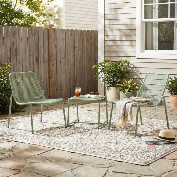 English Elm Kincaid Outdoor Iron Mesh Conversation Set Rust Resistant Patio Chairs with Side Table Matte Green N775P392159G