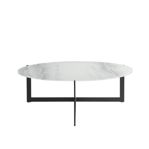 English Elm Krike Industrial Round Coffee Table Tempered Glass Top Steel Cross Leg Living Room Multicolor B2736S00026