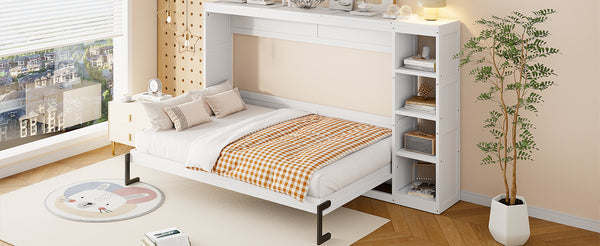 English Elm Full Full Size Murphy Bed with Bookshelf and Fold-Down Work Surface, Space-Saving LVL/MDF Design White GX002220AAK