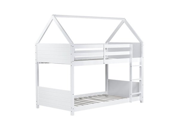 English Elm Twin House-Style Twin Bunk Bed With Safety Guardrails, Ladder & Play Space – White Rubberwood Design W504P227972-GIGA