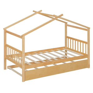 English Elm Twin House Bed Solid Pine Cottage Frame with Pull Out Trundle for Kids Bedroom Natural N708P309238M