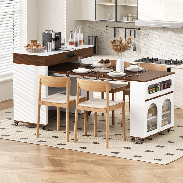 English Elm Trexm Rolling Kitchen Island Extendable Marble Top Cabinet Drawers Power Outlet Creamy White,Walnut XW000029AAD