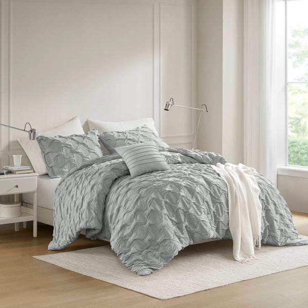 JLA Home Comfort Spaces - Diamond Ruched Ogee Comforter Set with Crinkle Texture, Breathable All-Season Warmth & OEKO-TEX Gray AM10-0161