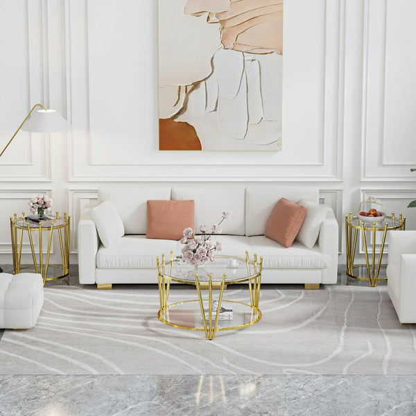 English Elm 31.5inch Modern Luxury Gold Coffee Table with Two-Tier Storage, Tempered Glass Top, Elegant Crown Design Clear W1550P171448