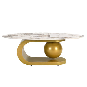 English Elm Modern Oval Coffee Table with Marble-Pattern Sintered Stone Top, Gold Stainless Steel Orb Base, 47.2" CH192938AAK