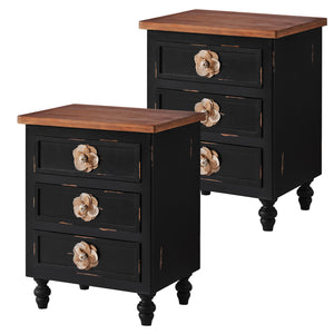English Elm Vintage Farmhouse End Table with Floral Knobs 3-Drawer Rustic Nightstand Solid Wood Accents Antique Black,Walnut W3306P318870