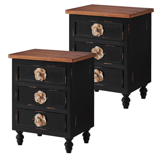 English Elm Vintage Farmhouse End Table with Floral Knobs 3-Drawer Rustic Nightstand Solid Wood Accents Antique Black,Walnut W3306P318870