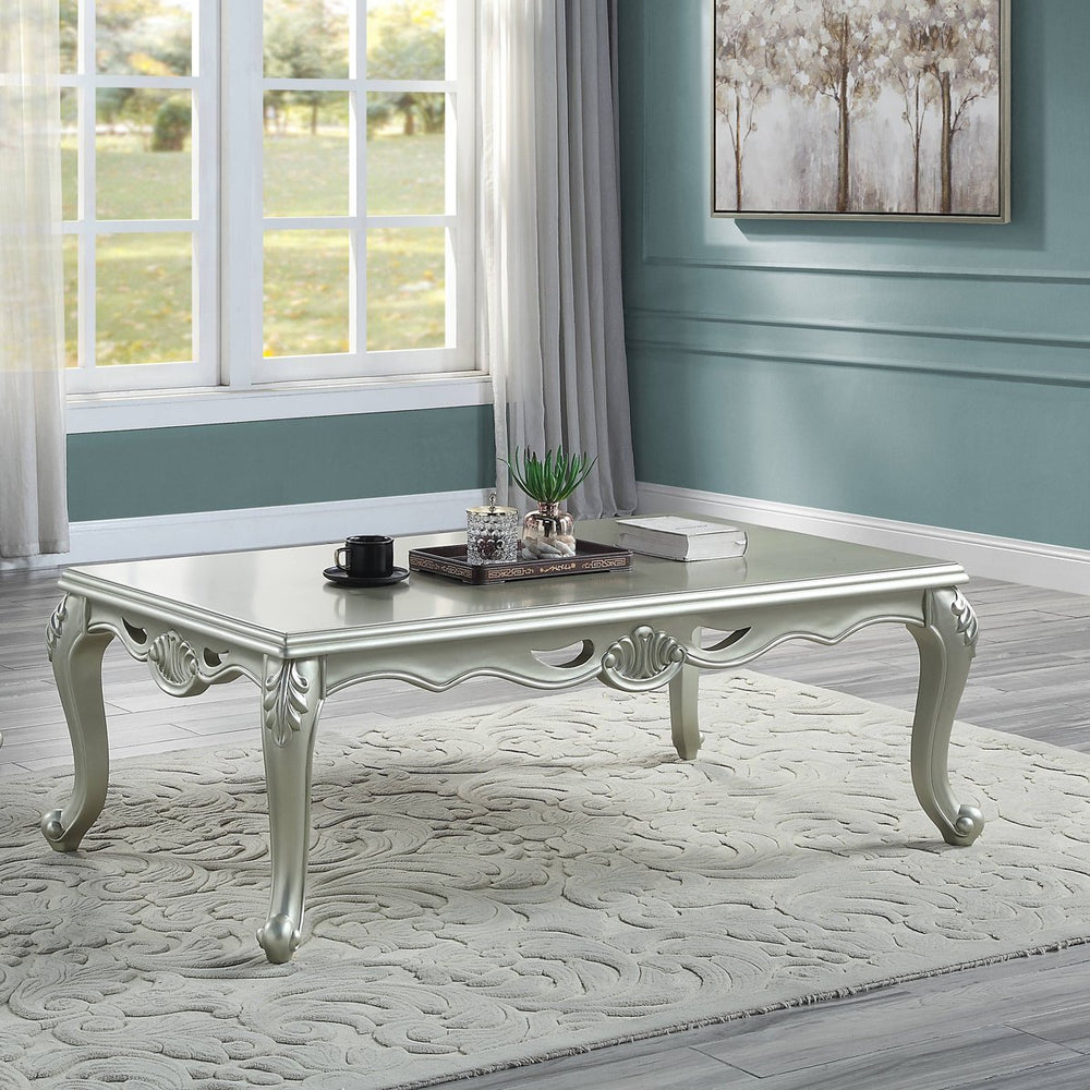 English Elm Champagne Curved Coffee Table with Floral Apron, 58" Wide Elegant Rubberwood Design for Living Rooms B062P209107