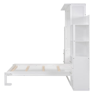 English Elm Full Size Murphy Wall Bed with Led Lighting Shelves Drawers and Fold Down Storage LP100565AAK