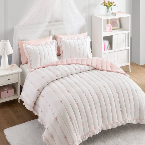 English Elm 3-piece Reversible Microfiber Quilt Set Bow Embroidery Ruffled Trim Romantic Bedroom Pink+White B035P482881