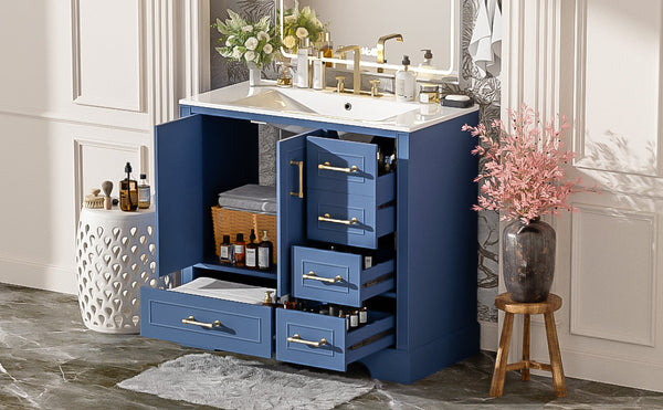 English Elm 36" Traditional Bathroom Vanity with Ceramic Sink, Solid Wood Cabinet, Soft-Close Doors & Drawers Blue N729P251630C