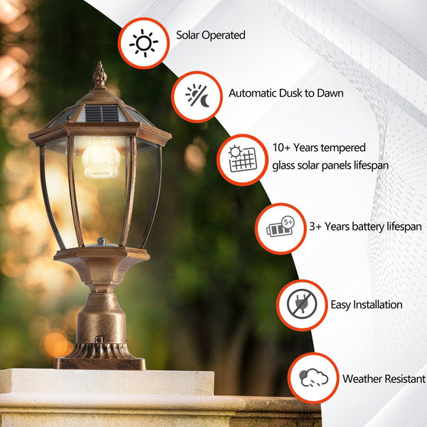 English Elm 20"(H) Golden Solar Lantern Vintage LED Garden Light with Elegant Glass, Auto-On for Paths W1340133339