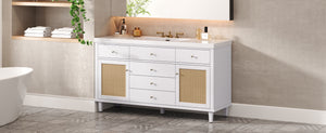 English Elm Christopher Knight Home® - 60" Modern Bathroom Vanity with Durable SMC Sink, Rattan Doors, Soft-Close Drawers, Pine Legs White N817P296130W