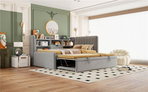 English Elm Twin Upholstered Daybed with Pull-Up Trundle, Velvet High Back with Shelves, Flip Storage & USB Gray SF000194AAE