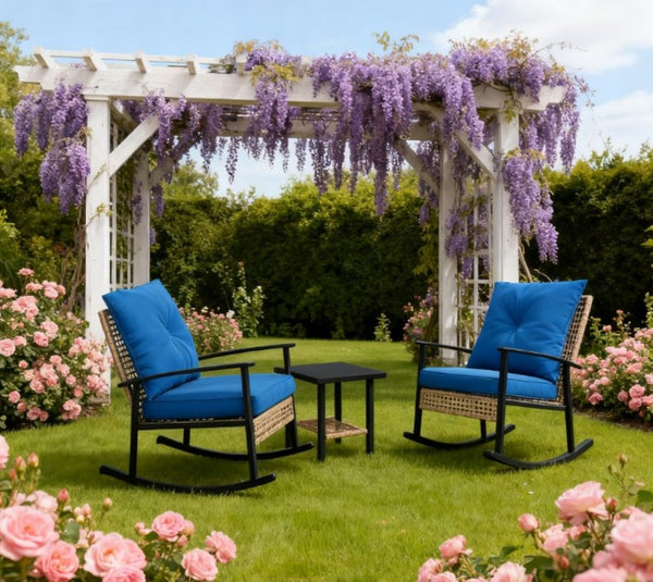 English Elm Patio Pe Rattan Rocking Chair Set with Tufted Cushions and Matching Coffee Table Blue T3971P419117