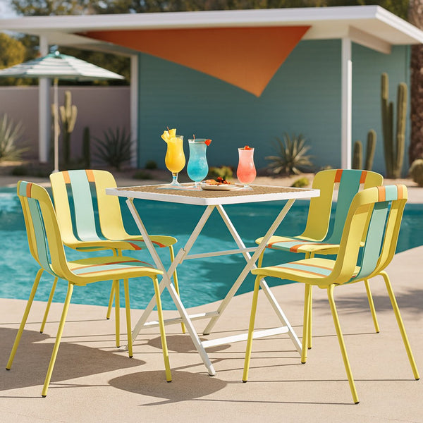 English Elm 4-Pack Modern Striped Color Block Chairs with 55" Long Table — Waterproof PP Seats, Rustproof Metal Frame Grain Yellow,Haze Green,khaki,Tropical Orange,White W3450S00041