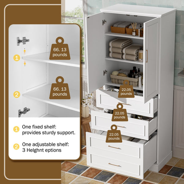 English Elm 72.2'' Tall Freestanding Bathroom Cabinet with 3 Drawers, Adjustable Shelf, Soft-Close Doors, Modern Elegant Design White N729P296769K
