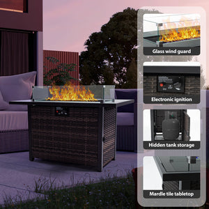 English Elm Outdoor Fire Pit 50,000 BTU Propane Gas Fire Table with Wicker Base, Glass Wind Guard, Lid, Patio Warmer Black+Brown W213P266078