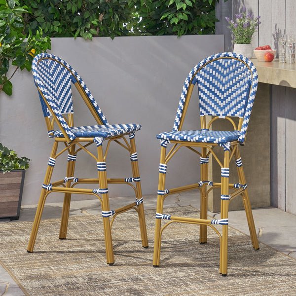 English Elm Christopher Knight Home® - 29.5" Outdoor PE Rattan French Barstool with Bamboo-Print Aluminum Frame, Durable Wicker Cafe Charm Navy Blue,White 71422.00NBLU
