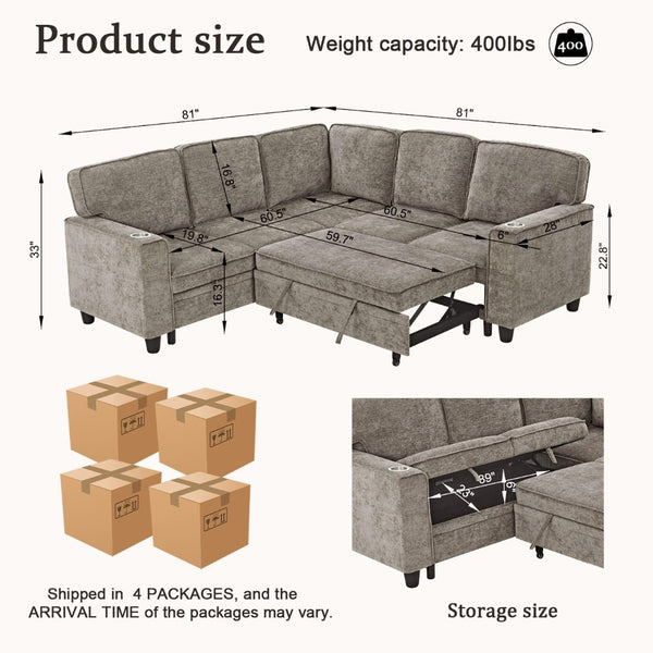 English Elm L-shaped Chenille Sectional Sleeper Sofa with Storage and Usb Charging Ports Light Brown W1998S00089