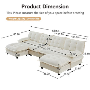 English Elm 138" U-shaped Chenille Cloud Sectional Sofa Four Seat Modular with Ottomans Lounge W714S01685