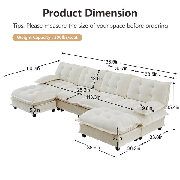 English Elm 138" U-shaped Chenille Cloud Sectional Sofa Four Seat Modular with Ottomans Lounge W714S01685