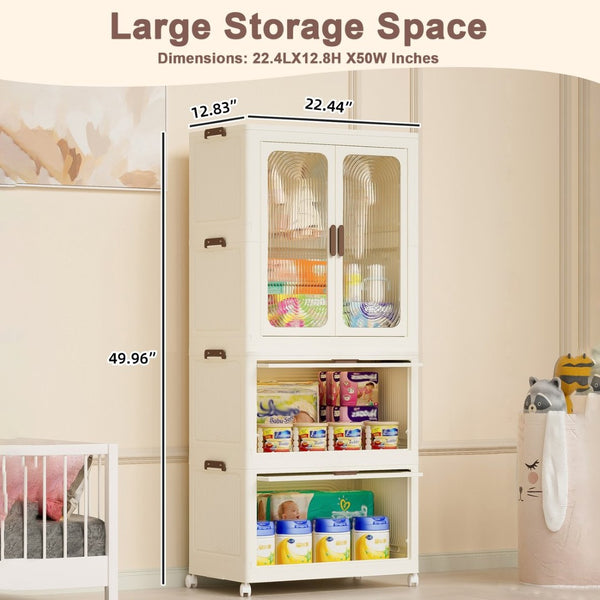 English Elm Portable Kids Wardrobe Cabinet with Magnetic Doors Hanging Rod and Four Cube Storage W2699P210481
