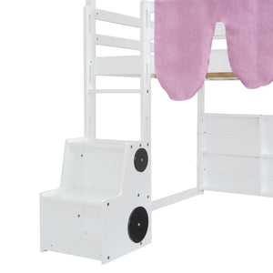English Elm Full Size Kids House Loft Bed Pinewood Frame with Tent Slide and Play Storage White LT000683AAK