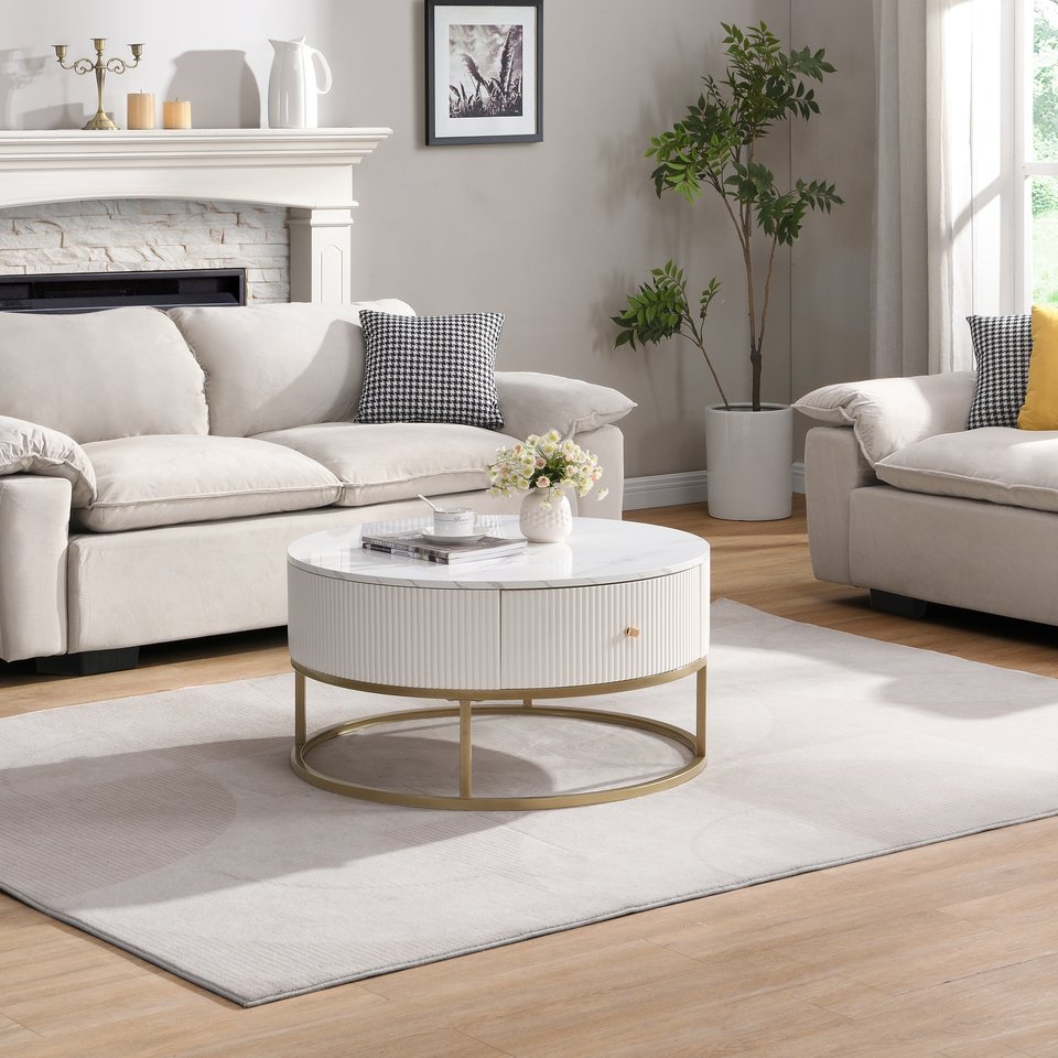 English Elm 31.5 Round Modern Coffee Table with Drawers, Faux Marble Top, Sturdy Metal Frame & Storage Durable Design W821P281502