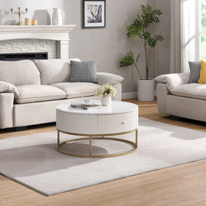 English Elm 31.5 Round Modern Coffee Table with Drawers, Faux Marble Top, Sturdy Metal Frame & Storage Durable Design W821P281502