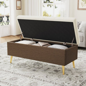 English Elm Modern Boucle Tufted Storage Ottoman Bench with Gold Legs for Bedroom or Entryway Beige N719P305620A