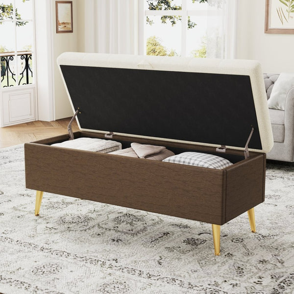 English Elm Modern Boucle Tufted Storage Ottoman Bench with Gold Legs for Bedroom or Entryway Beige N719P305620A