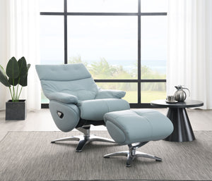 English Elm Janella Babyblue Top Grain Leather Swivel Recliner with Ottoman — Pocket Coil Comfort, Modern Style B2726P245873