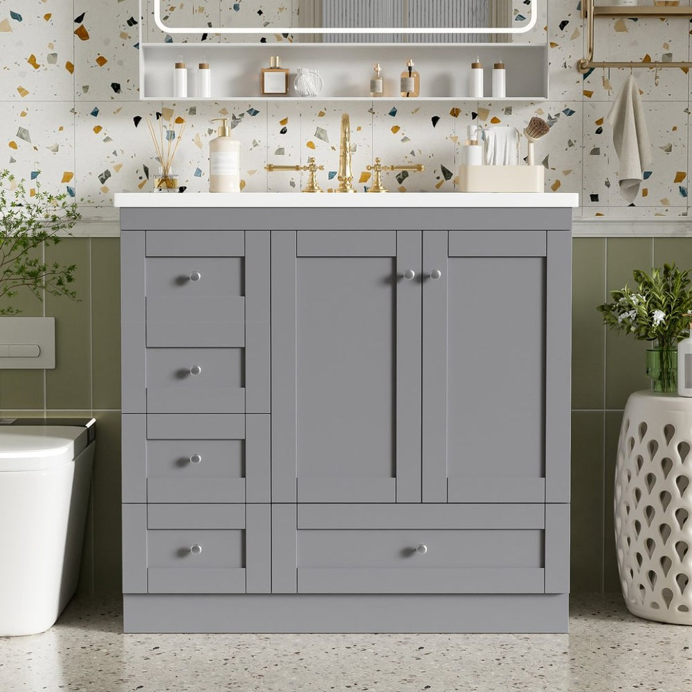 English Elm 36 Inch Shaker Bathroom Vanity with Resin Sink Four Soft Close Drawers Mdf Cabinet Gray N729P000028E