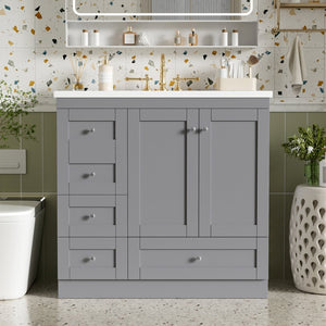 English Elm 36 Inch Shaker Bathroom Vanity with Resin Sink Four Soft Close Drawers Mdf Cabinet Gray N729P000028E