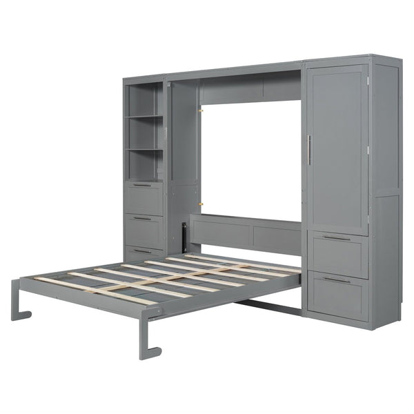 English Elm Queen Murphy Wall Bed with Wardrobe Drawers and Shelves for Studio or Guest Room Gray LP000865AAE-2