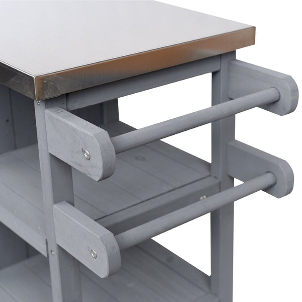 English Elm Foldable Outdoor Kitchen Cart with Stainless Worktop Fir Wood Frame and Lockable Wheels Grey N719P380281K