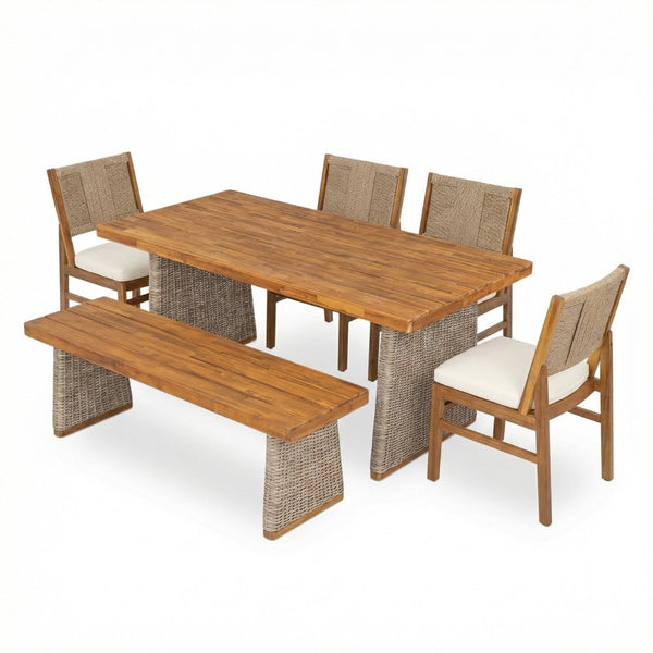 English Elm 6-piece Outdoor Acacia Wood Dining Set with Wicker Chairs Bench and Cushions N773OD00129B