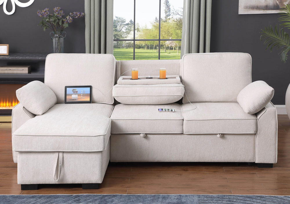 English Elm Mackenzie Chenille Fabric Reversible Sleeper Sectional with Storage Chaise, Drop-Down Console and USB Charging Ports Beige B061S00935
